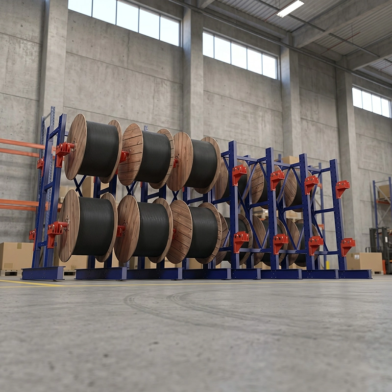 Row of loaded large cable reel racks inside concrete warehouse with palletized cardboard boxes and high warehouse windows