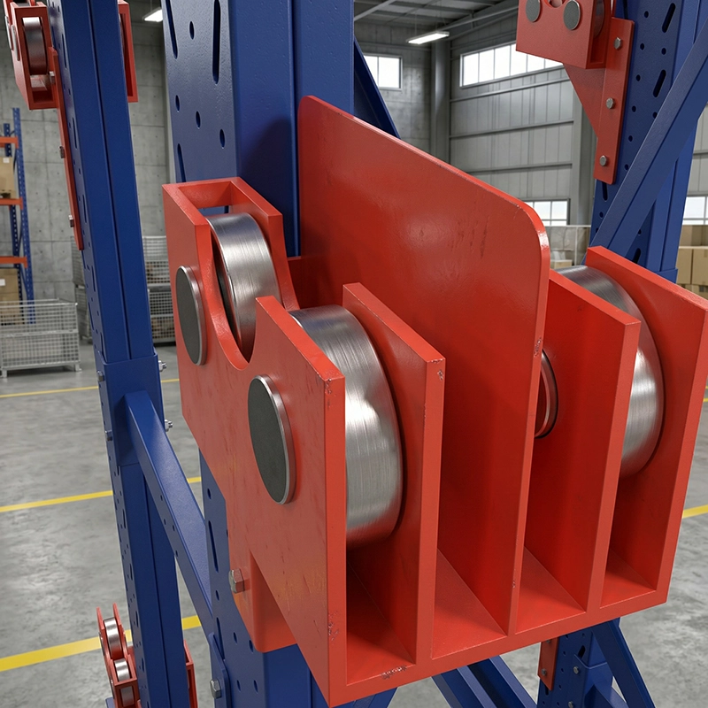 Perspective close up of heavy duty orange roller support bracket with steel rollers and mounting bolts on blue column