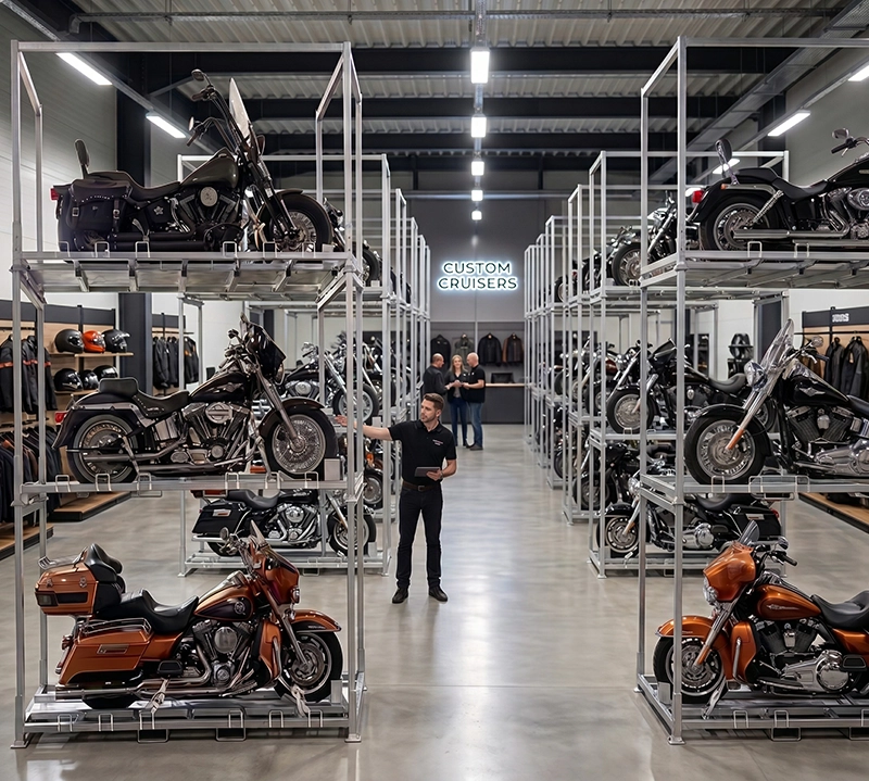 Steel motorcycle pallet racking with multi-level decks for dealership warehouse stacking storage