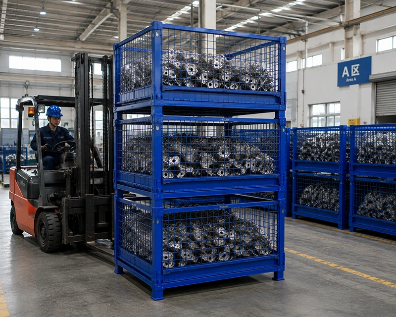 Stackable blue steel mesh pallet cages loaded with machined parts, forklift-handled in warehouse