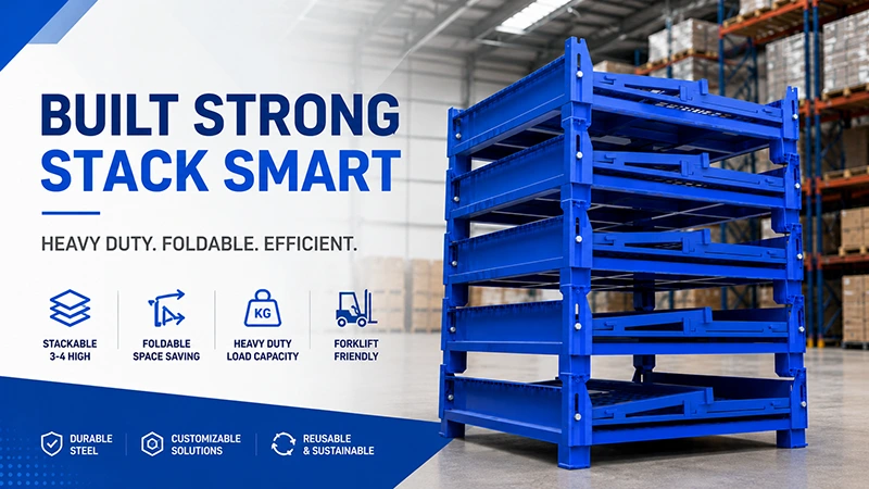 Stacked blue heavy-duty steel pallet stillage with reinforced posts in warehouse storage aisle